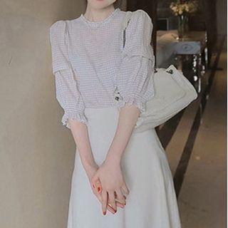 Set: 3/4-sleeve Striped Blouse + Midi A-line Skirt