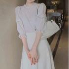 Set: 3/4-sleeve Striped Blouse + Midi A-line Skirt