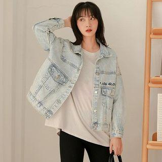 Letter Embroidered Washed Denim Jacket