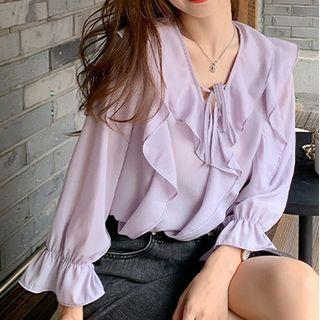 3/4-sleeve Ruffled Tie-front Blouse