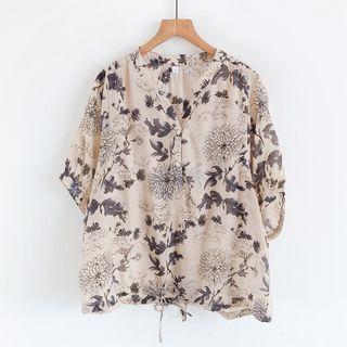 Elbow-sleeve Patterned Shirt Khaki - One Size