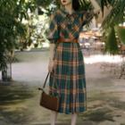Elbow-sleeve Tie-neck Plaid Midi A-line Dress
