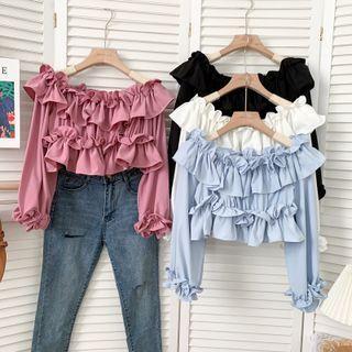 Off-shoulder Ruffle-trim Crop Blouse