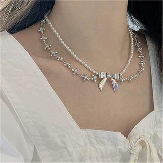 Faux Pearl Bow Layered Necklace Silver - One Size