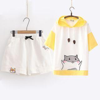 Color-block Hamster Print Short-sleeve Hoodie/ Set: Hoodie + Shorts