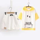 Color-block Hamster Print Short-sleeve Hoodie/ Set: Hoodie + Shorts