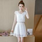 Short-sleeve Mock Two-piece Lace A-line Dress