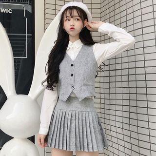 Long-sleeve Shirt / Vest / Mini Pleated Skirt / Set