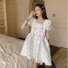 Puff-sleeve Dotted Mini A-line Dress Dot - White - One Size