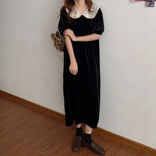 Puff-sleeve Lace Collar Velvet Midi A-line Dress