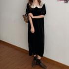 Puff-sleeve Lace Collar Velvet Midi A-line Dress