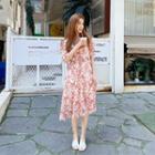 Drawstring-front Floral Print Dress Pink - One Size