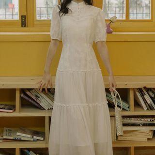 Mandarin Collar Elbow-sleeve Maxi A-line Dress