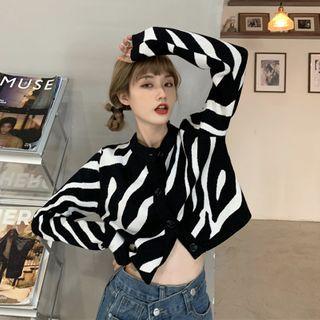 Zebra-print Cropped Button Knit Cardigan