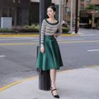 Set: Striped Long-sleeve Knit Top + High Waist A-line Skirt