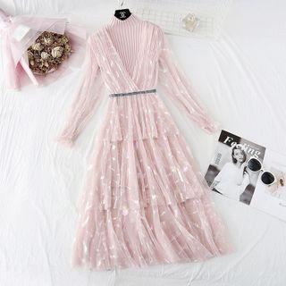 Set: Long-sleeve Ribbed Knit Mini Dress + Feather Print Mesh Midi Overall Dress