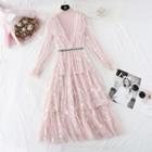Set: Long-sleeve Ribbed Knit Mini Dress + Feather Print Mesh Midi Overall Dress