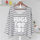 3/4-sleeve Lettering Striped Top Gray - One Size