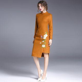 Embroidered Mandarin Collar Asymmetrical Hem Dress