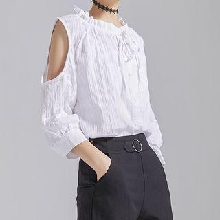 Frill Trim Cut Out Shoulder 3/4 Sleeve Blouse