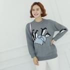 Crew-neck Penguin Print Sweater Gray - One Size