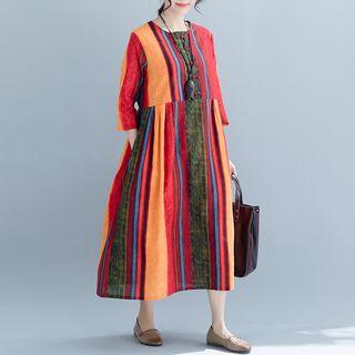 3/4-sleeve Colored Panel A-line Midi Dress