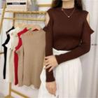 Long Sleeve Turtleneck Cut-out Shoulder Plain Knit Top