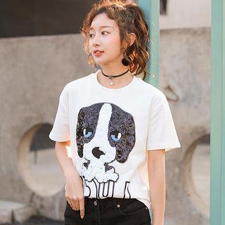 Sequined Dog Detail Short-sleeve T-shirt
