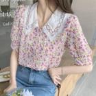 Short-sleeve Floral Print Lace-collar Blouse