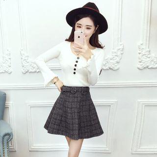 Set: Bell-sleeve Knit Top + Plaid A-line Skirt