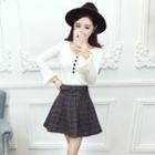 Set: Bell-sleeve Knit Top + Plaid A-line Skirt