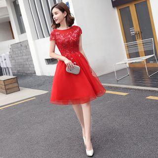 Sequined Short Sleeve Evening Dress