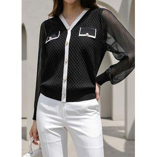 Sheer-sleeve Contrast-trim Knit Top