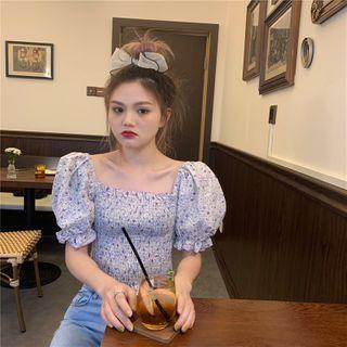 Puff-sleeve Floral Print Frill Trim Top