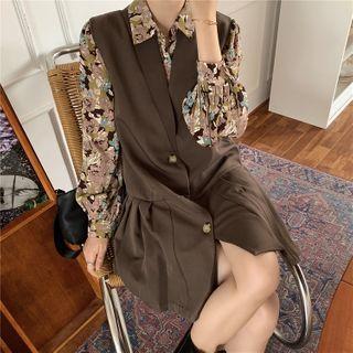 Floral Long-sleeve Blouse / Pleated Mini A-line Pinafore Dress