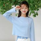 Long-sleeve Letter Embroidery T-shirt Light Blue - One Size