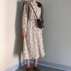 Long-sleeve Floral Print A-line Midi Dress Beige - One Size