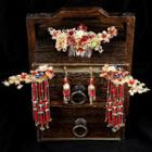 Wedding Set: Flower Beaded Hair Stick + Drop Earring Gold - One Size