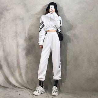 Set: Contrast Trim Cropped Sweatshirt + Cropped Harem Pants