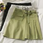 Asymmetrical Pleated Mini Skirt With Belt