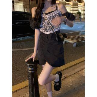Lace Camisole Top / Puff-sleeve Off-shoulder Mini A-line Dress