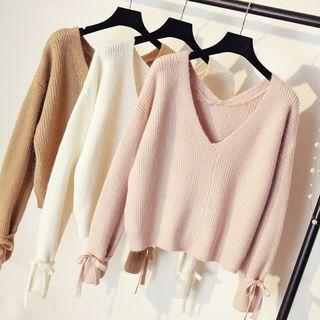 Tie-sleeve V-neck Sweater