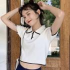Short-sleeve Contrast Trim Cropped Knit Polo Shirt White - One Size