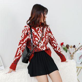 Pattern Mock-neck Sweater Red - One Size