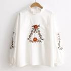 Frill Collar Flower Embroidered Long Sleeve Blouse