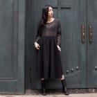 Long-sleeve Sheer A-line Midi Dress Black - One Size