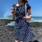 Short-sleeve Heart Print A-line Dress Dark Blue - One Size