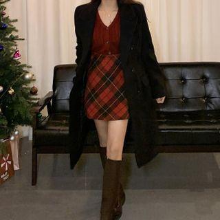 Buttoned Knit Top / Plaid Mini Skirt / Plain Woolen Coat