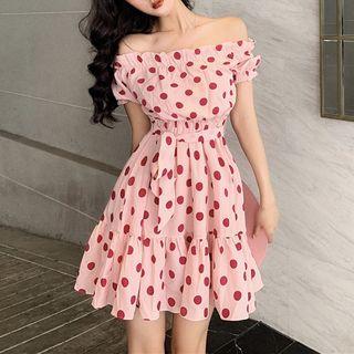 Short-sleeve Off Shoulder Dotted Dress Pink - One Size