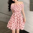 Short-sleeve Off Shoulder Dotted Dress Pink - One Size